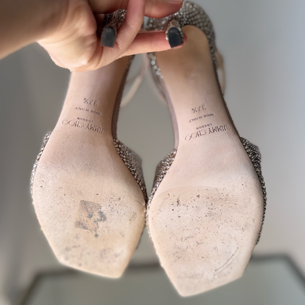 Like new JIMMY CHOO Azia 95 Honey Gold Suede Sandals with Crystals 37.5 $2,495 - Picture 12 of 17